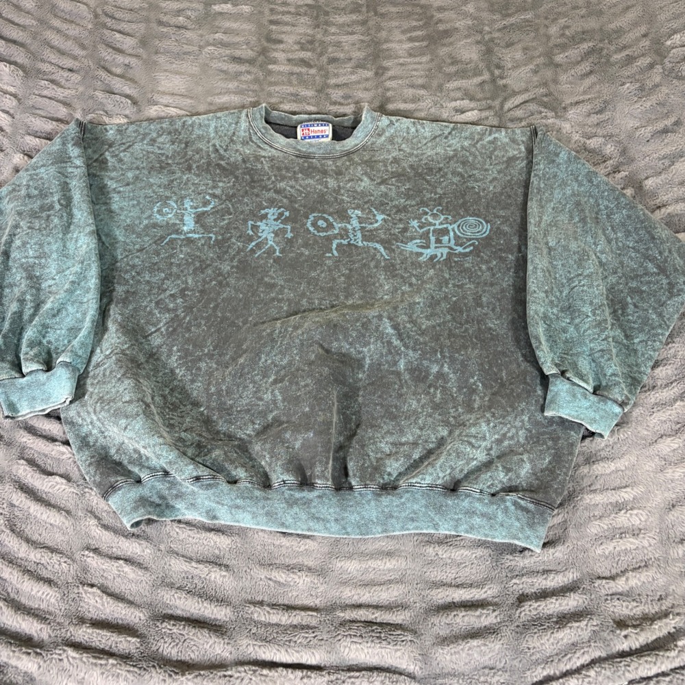 Vintage 90s Hanes Ultimate Cotton Acid Wash Kokopelli Sweatshirt Teal XL AT442